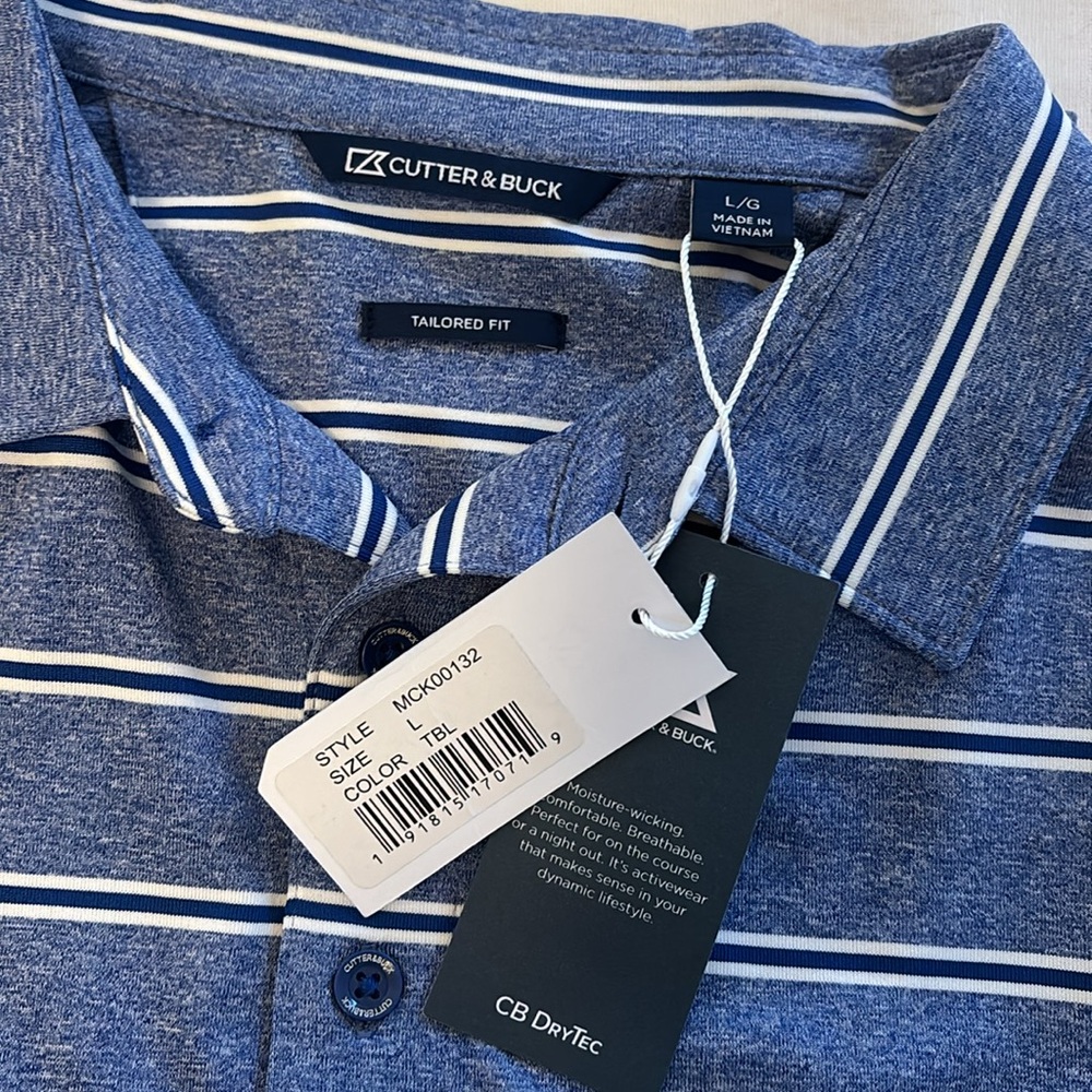 Cutter & Buck Forge Polo Heather Stripe Tailored Fit Tour Blue/white Size Large - Picture 3 of 5